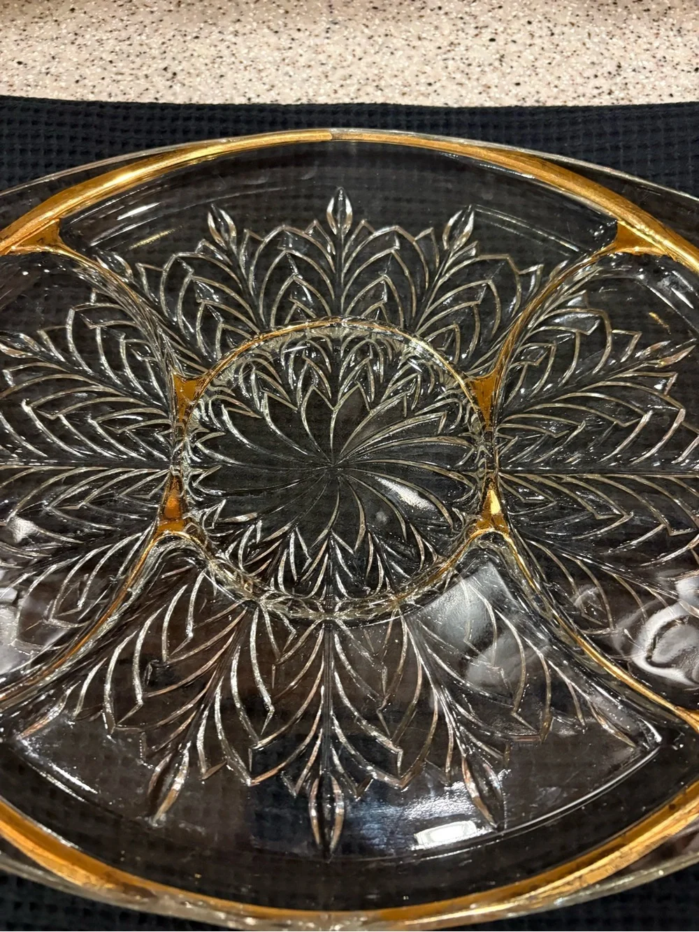 Vintage 5-section glass serving tray is likely a 1950s Jeannette